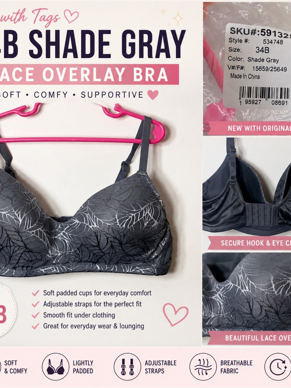 Lands' End Shade Gray Lace Overlay Bra